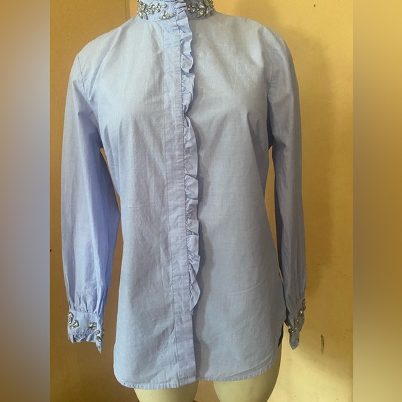 J. Crew Blue 3/4 Sleeve Ruffled Button Down Shirt - Picture 9 of 15